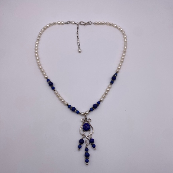 *SOLD*Sterling Silver Lapis Lazuli Pearl Necklace w/ Gold Pyrite Flakes - Picture 3 of 8